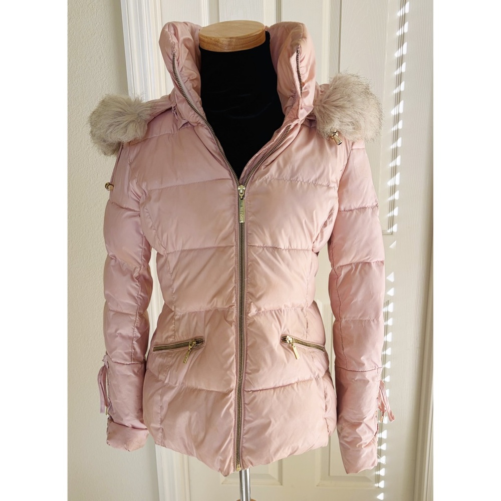 Kensie Light Pink Puffer Coat with Fur Hood and Lace-Up Sleeves